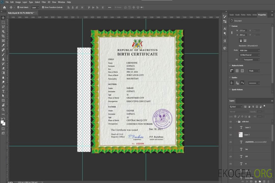 Modèle PSD de certificat de naissance de l'état civil de Maurice template
